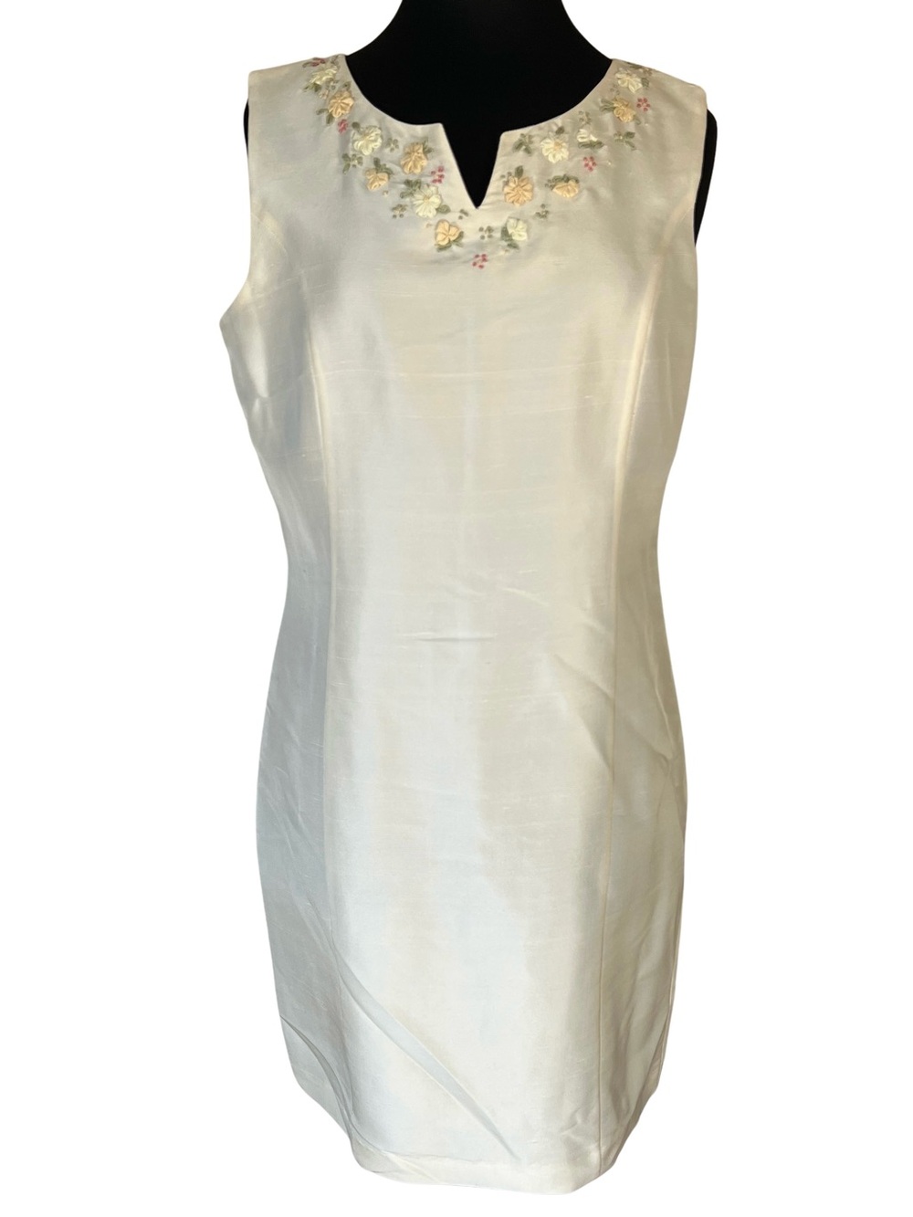 Sleeveless Cream Midi Silk Mother of Bride Dress Embroidered Beaded Floral Neck
